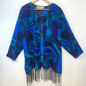Vintage 90s Womans Kimono Top 1X Abstract Purple Colorful Metallic Fringe Boho